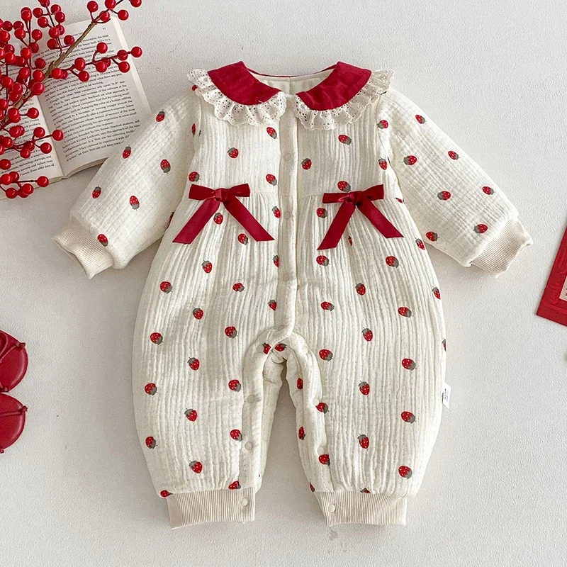 2025 New Winter 0-24M Infant Baby Girls Jumpsuit Long Sleeves Dot Print Toddler Baby Girl Thicken Warm Romper Children Clothes