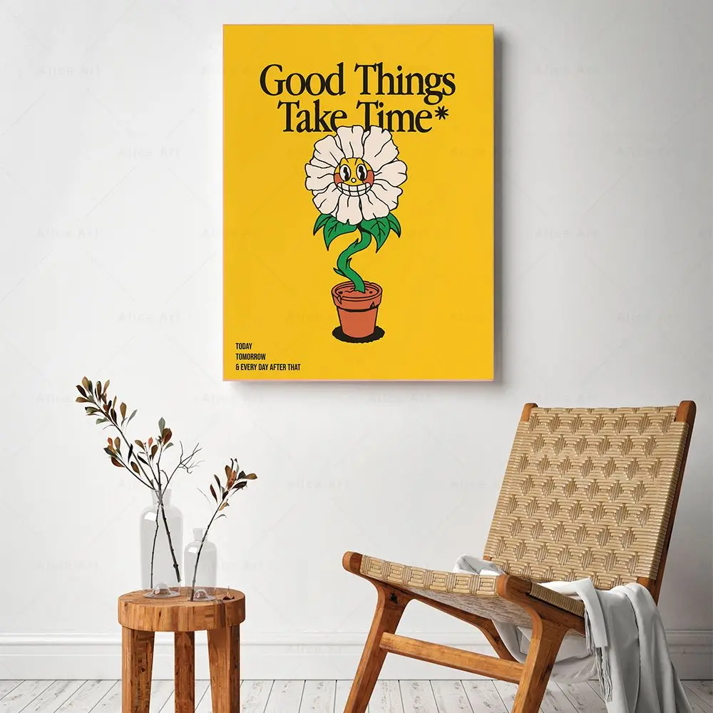 Good Things Take Time Poster Retro Quote Wall Prints Modern Cartoon Flower Canvas Painting Wall Art Picture Kids Room Home Decor