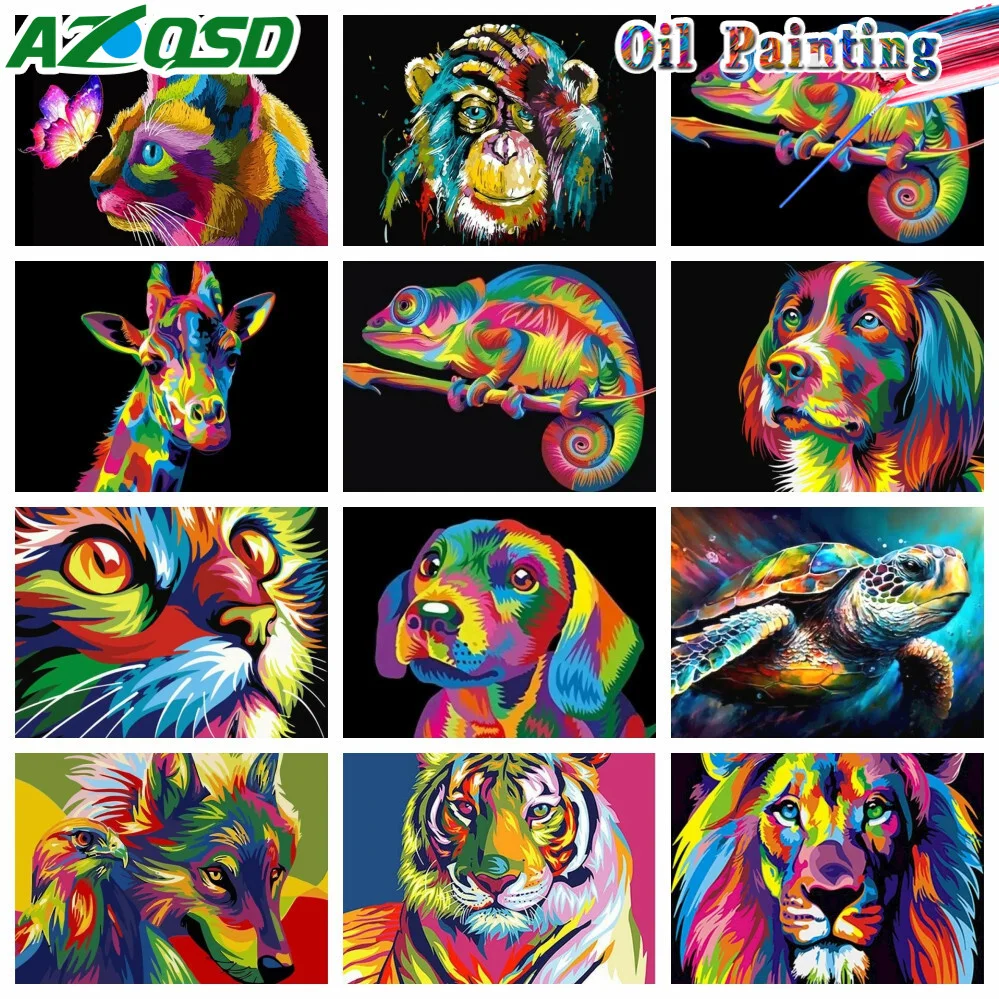 AZQSD Adult Paint By Numbers Animal Colorful Drawing On Canvas Lion Cat Framed Art Handpainted Coloring Draw Craft DIY Gift