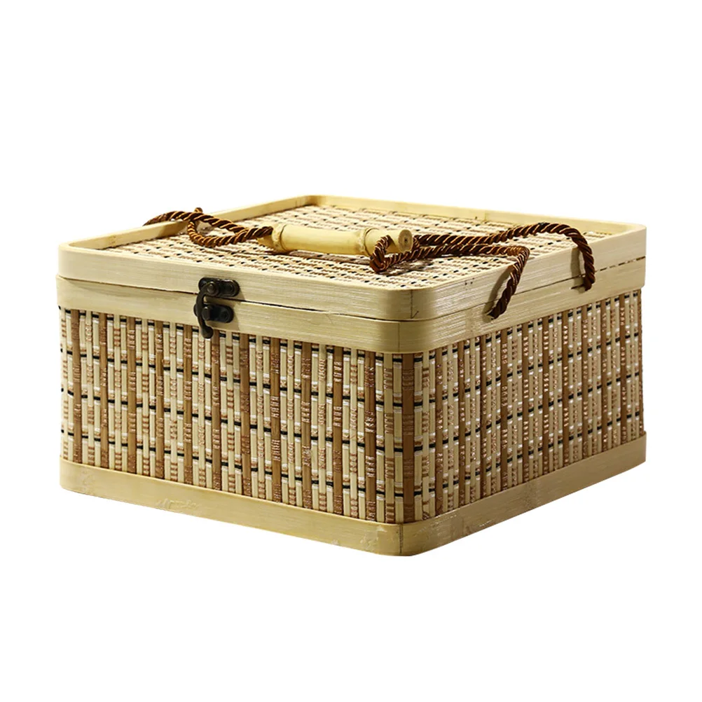 Handmade Bamboo Storage Basket Square Rustic Portable Gift Box Moon Cake Egg Fruit Dried Fruit Container Home Supply
