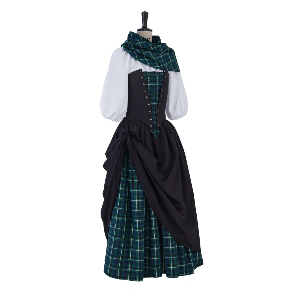 Women Renaissance Costume Traditional Scottish Green Plaid Dress With Shawl White Shirt Medieval Military Tartan Lass Clothing