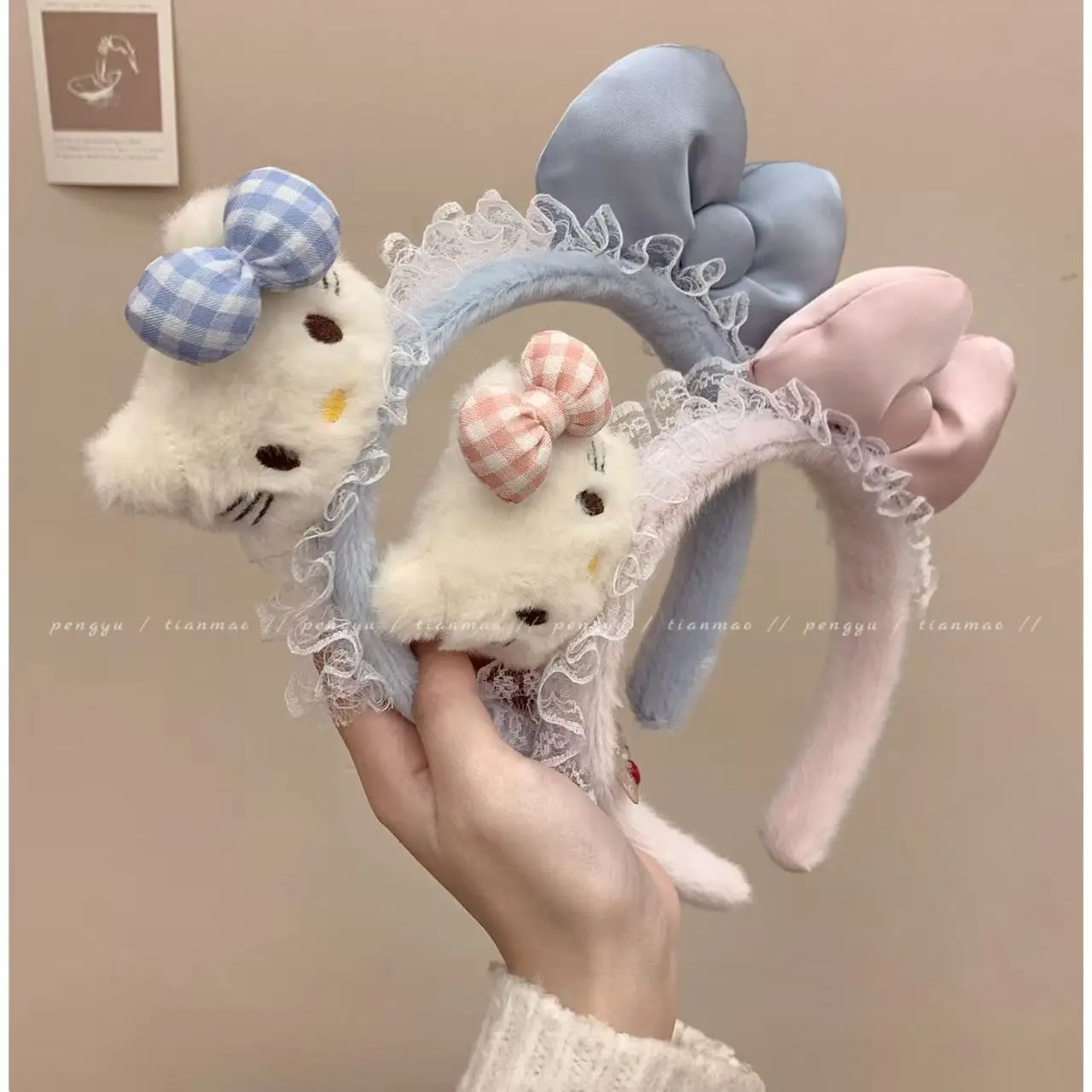 

Новая повязка для волос Sanrio Hello Kitty: милая мультяшная повязка с бантом, кружевная повязка для умывания, аксессуар для волос KT