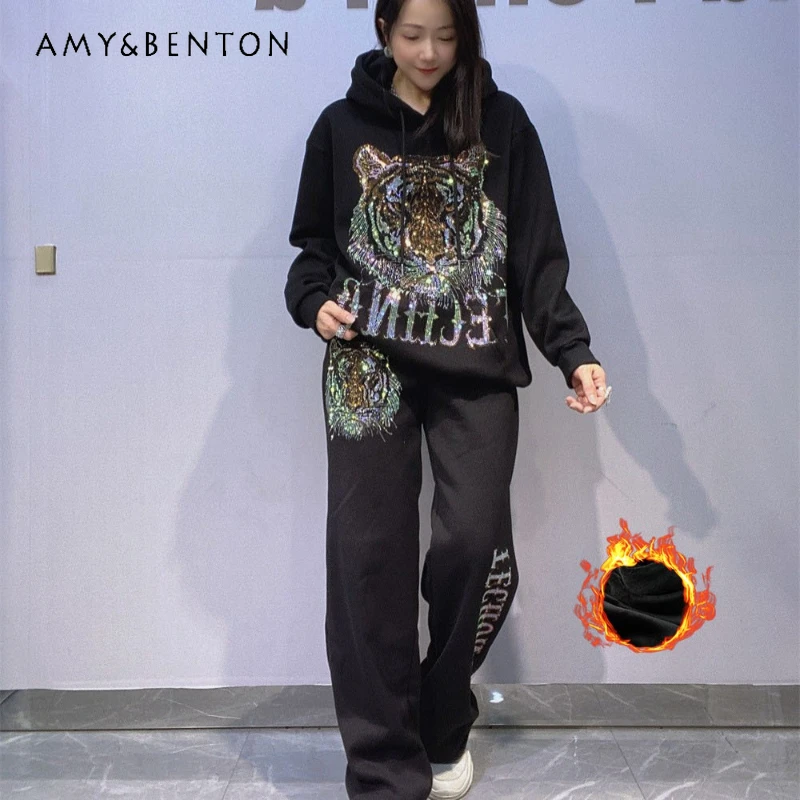 

Fashion Heavy Industry Rhinestone Hooded Sweatshirt Suit Ladies Winter Fleece Thickened Loose Oversized Sportswear Two-piece Set
