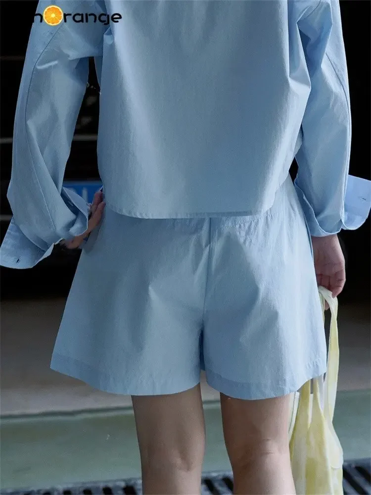 HanOrange 2024 Summer Simple Pure Cotton Shorts Women High Waist Comfort Cool A-line Shorts Female Blue