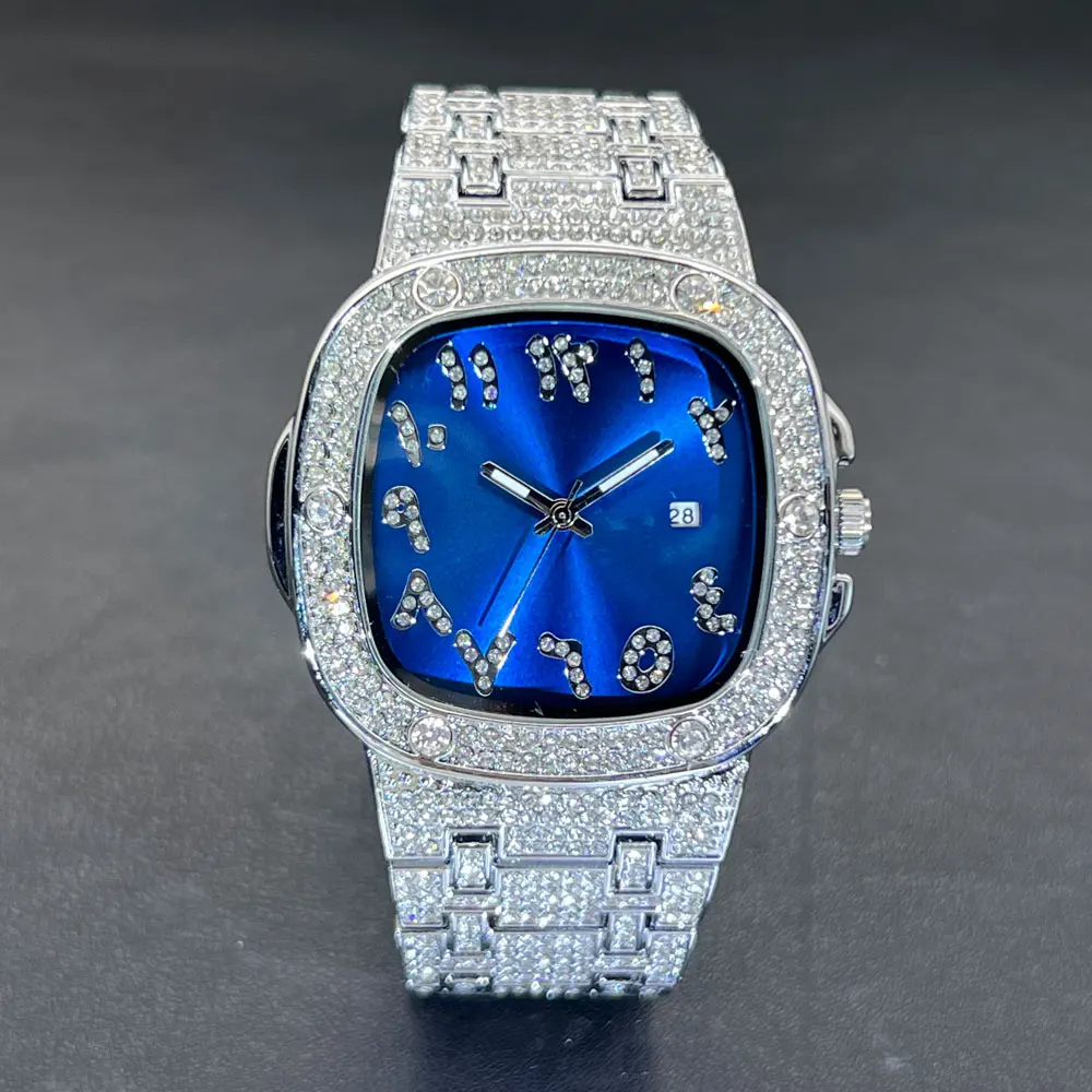 

Original Diamond Watch For Men Luxury Hip Hop Blue Dial Watches Unique Bling Ice Out Luminous Waterproof relogios masculino Gift