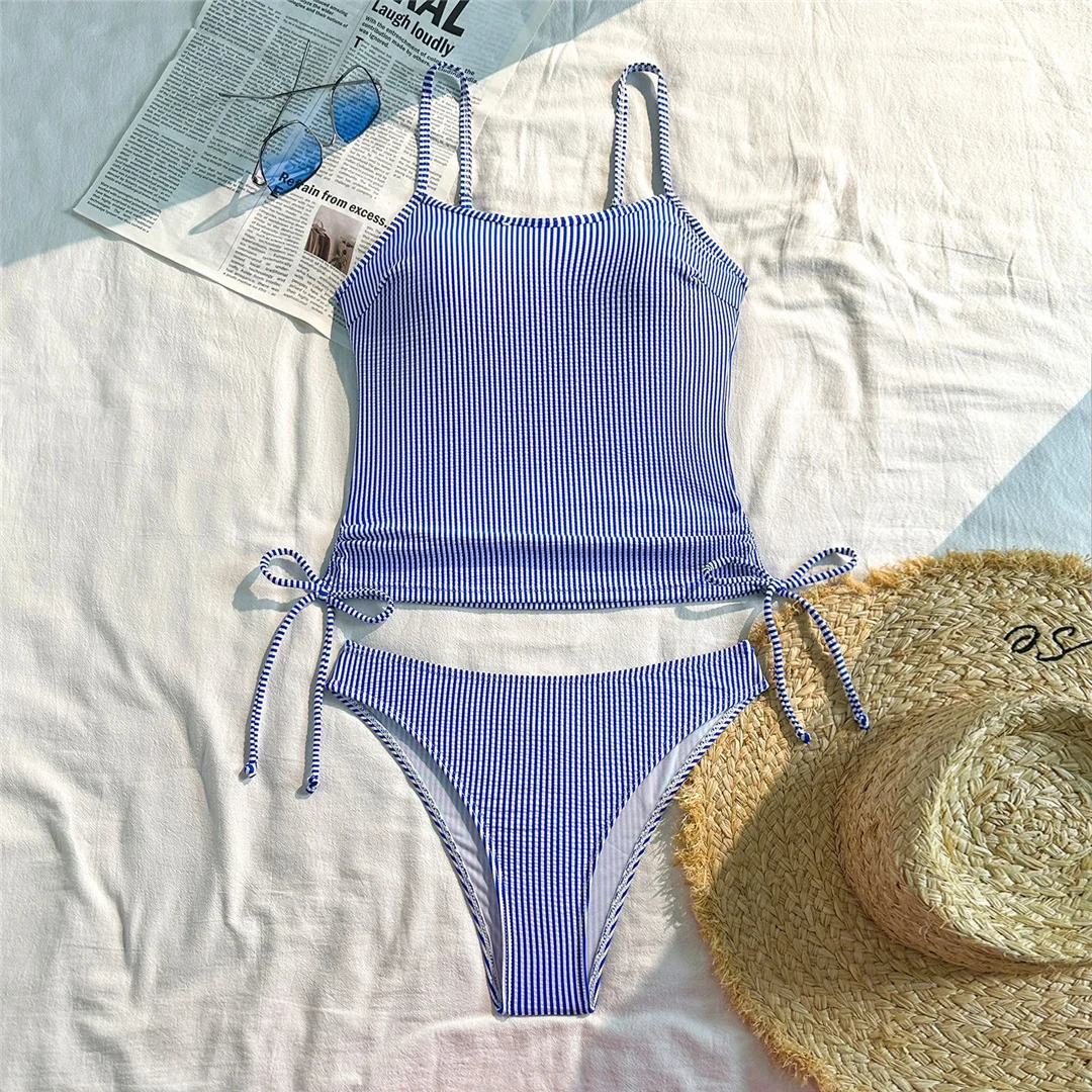 Gestreifter Tankini-Bikini mit hohem Beinausschnitt, zweiteiliger Badeanzug für Damen, gepolsterter Badeanzug, Badebekleidung, Modell V7443. – Detail 8