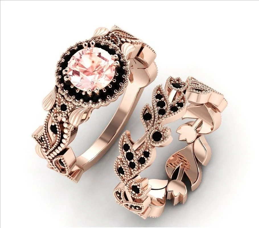 2 Pieces/set Exquisite Rose Gold Color Black Zircon Ring Vintage Flower Vine Inlaid with Champagne Stones Wedding Ring Set