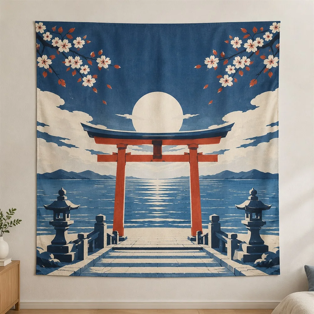 VIKAMA Torii Gate Scene Mirror Symmetric Tapestry Wall Hanging, Japanese Wall Decor Tapestries for Living Room Bedroom Entryway