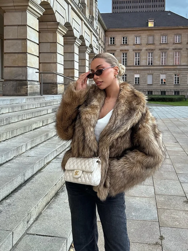 Women Fashion Big Fluffy Lapel Oversize Fur Coat Elegant Long Sleeve Thick Warm Jacket Lady New Autumn Winter Highstreet Outwear