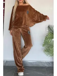 Autumn Winter Golden Velvet Solid Round Neck Bat Sleeve Casual Two-piece Suits Women's New Fashion Off Shoulder 2 Piece Set