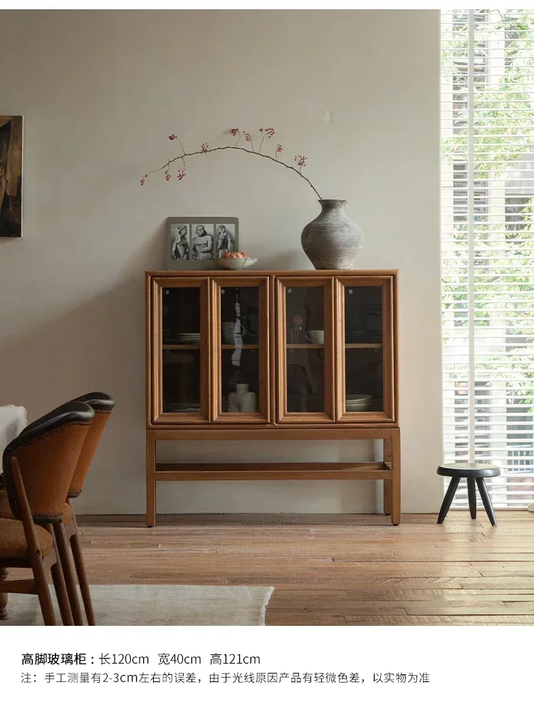 FRetro style living room dining side cabinet teak glass bookcase solid wood display storage locker