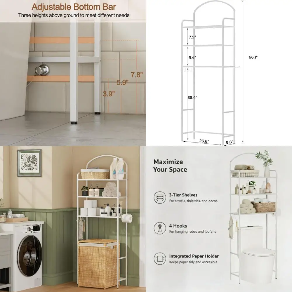 

White 3-Tier Metal Toilet Storage Organizer with Hooks and Paper Roll Holder for Space-Saving Bathroom
