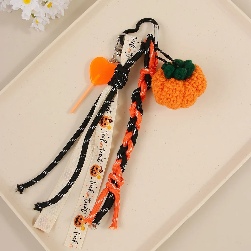 Knitted Pumpkin Key Chain Halloween Themed Carabiner Key Chain Braided Woven Key Chain Knitted Trick Treat Charm For Daily Items