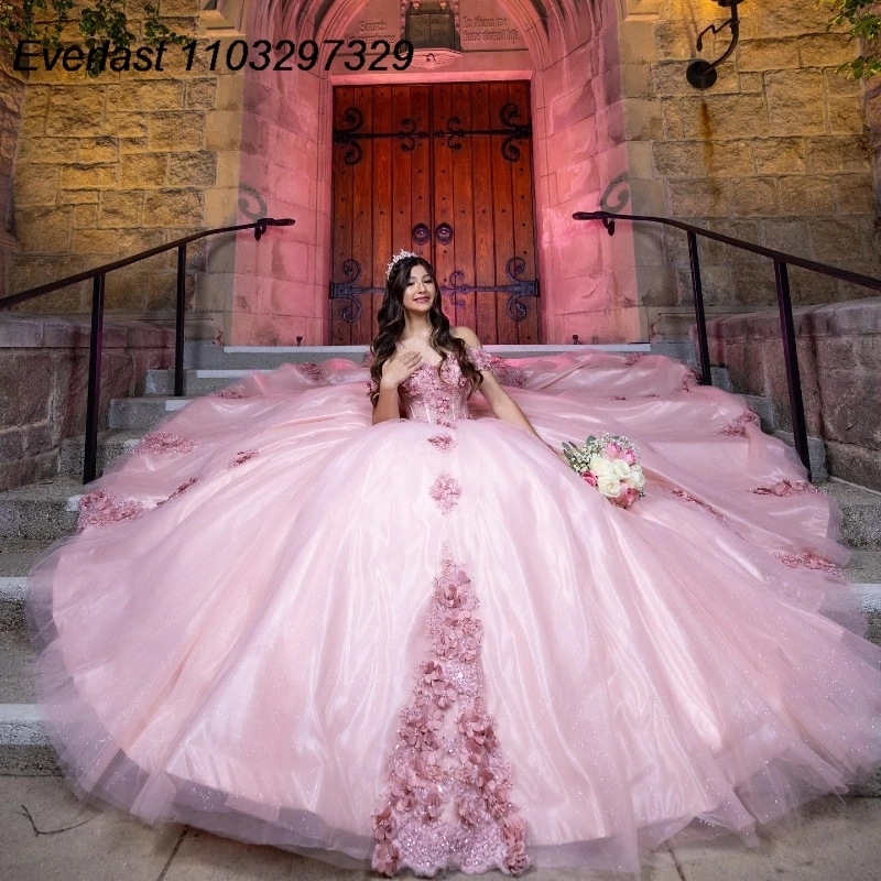 EVLAST Customized Shiny Pink Quinceanera Dress Ball Gown Floral Lace Applique Beading Sweet 16 Vestidos De 15 Anos TQD893