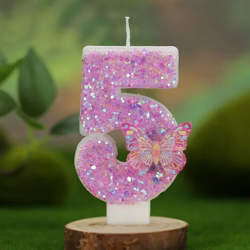 0-9 Number Birthday Candle Pink Butterfly Sparkles Funny Cake Candles For Wedding Cake Decorations Kids Girls Gift Candle