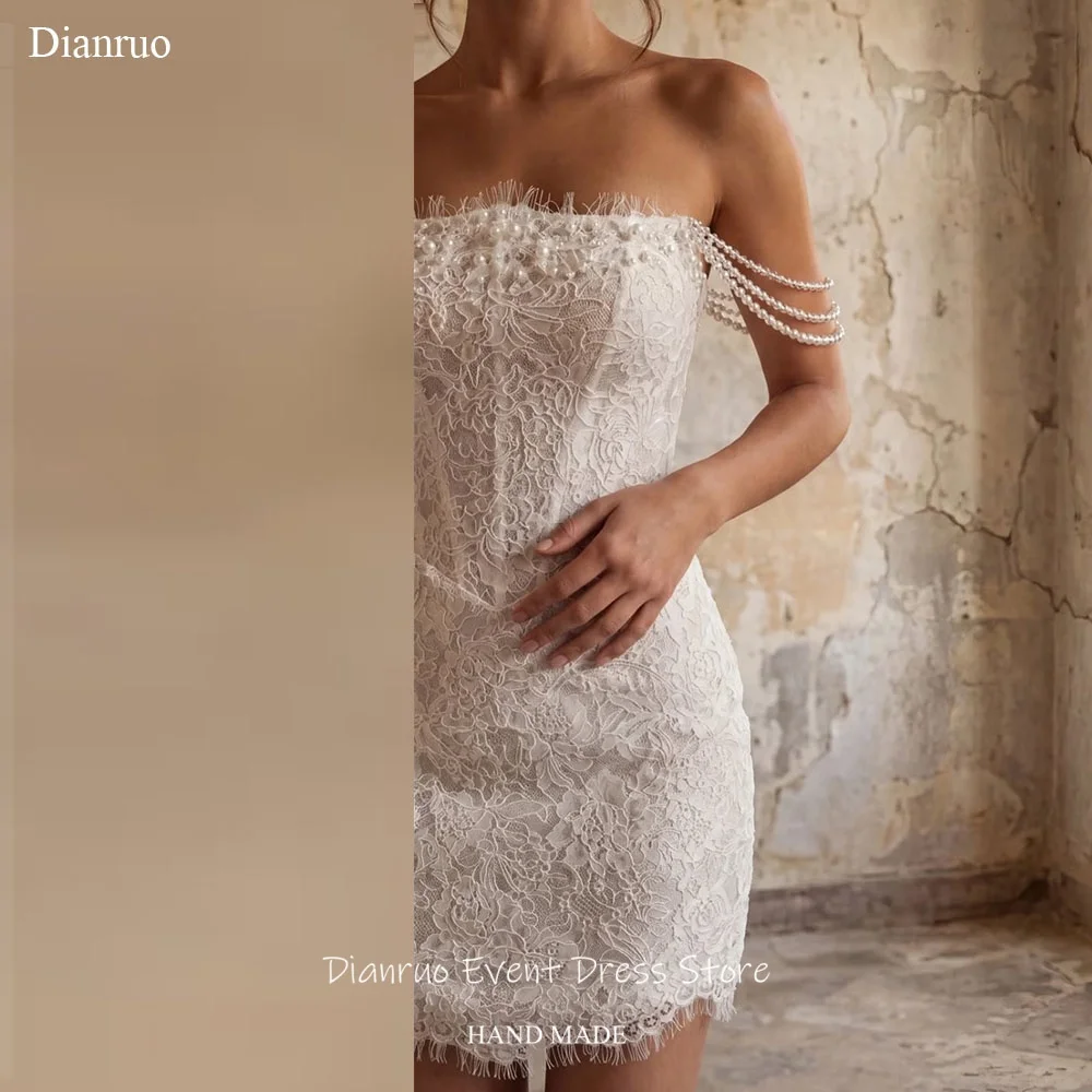 Dianruo Unique Strapless Mini Wedding Dress Pearl Shoulder Chains Robe De Mariée Lace Mini Vestidos Novia Bohemio Customized