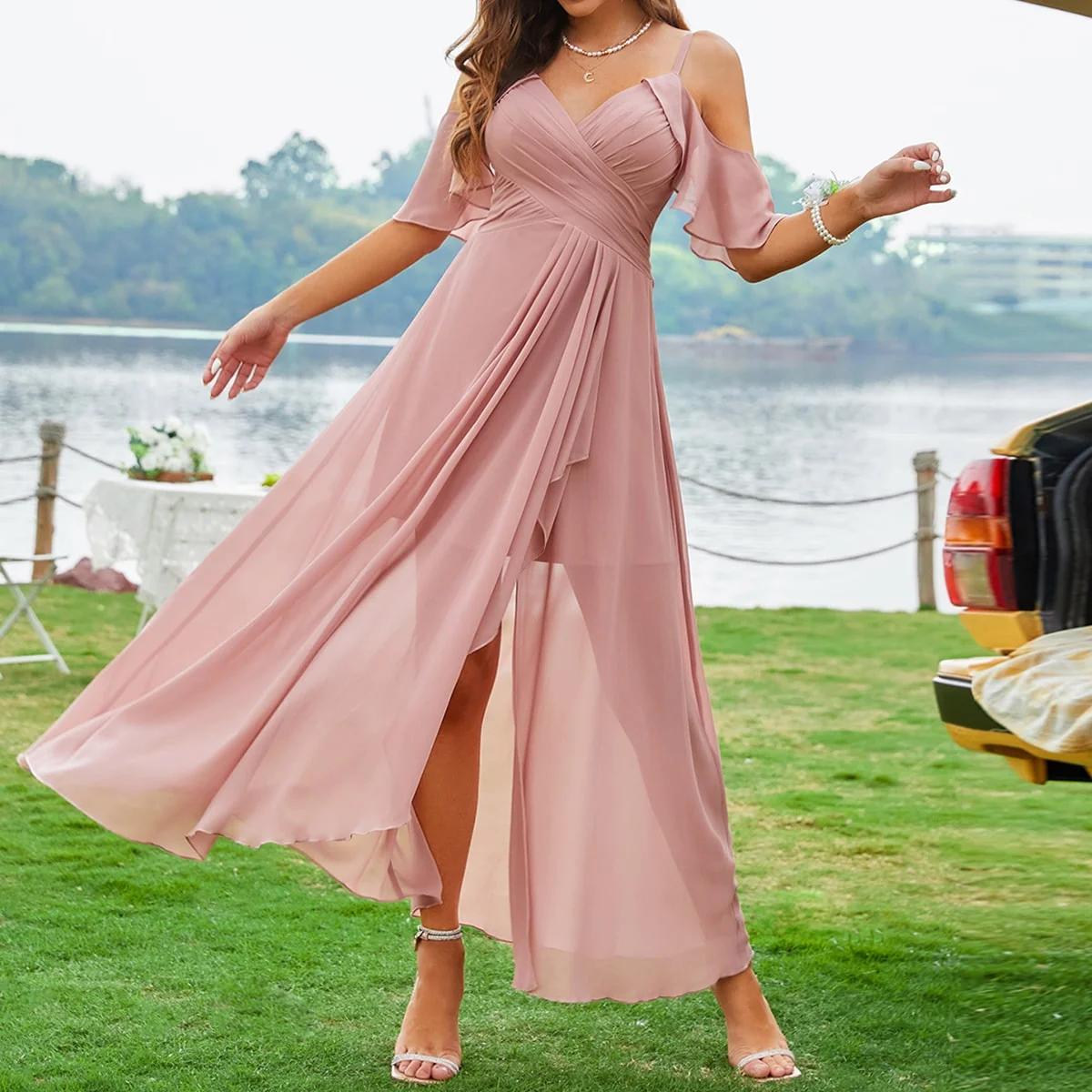 Unithorse Cold Shoulder Ruched Tulip Hem Chiffon Bridesmaid Dress