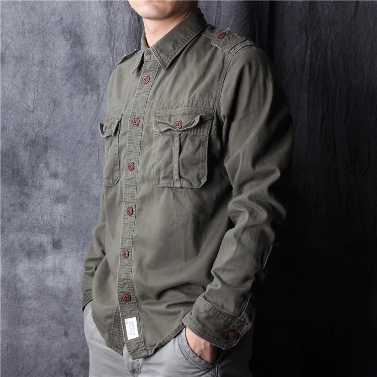 Amekaji Retro American Casual Heavy Washed Camouflage Work Shirt Men's Pure Cotton Spring Autumn Multi-Pocket Class Straight Top