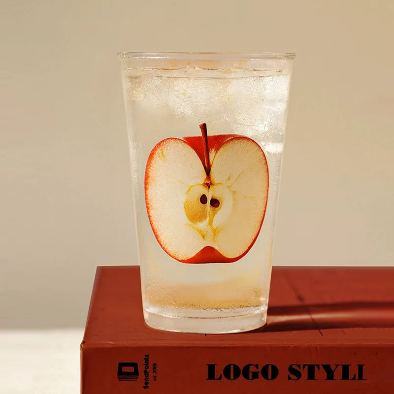 Fruit-Print Glass Water Cup Creative Trendy Milk Juice Cup for Summer Cold Drinks Unique Coffee Refreshing Design