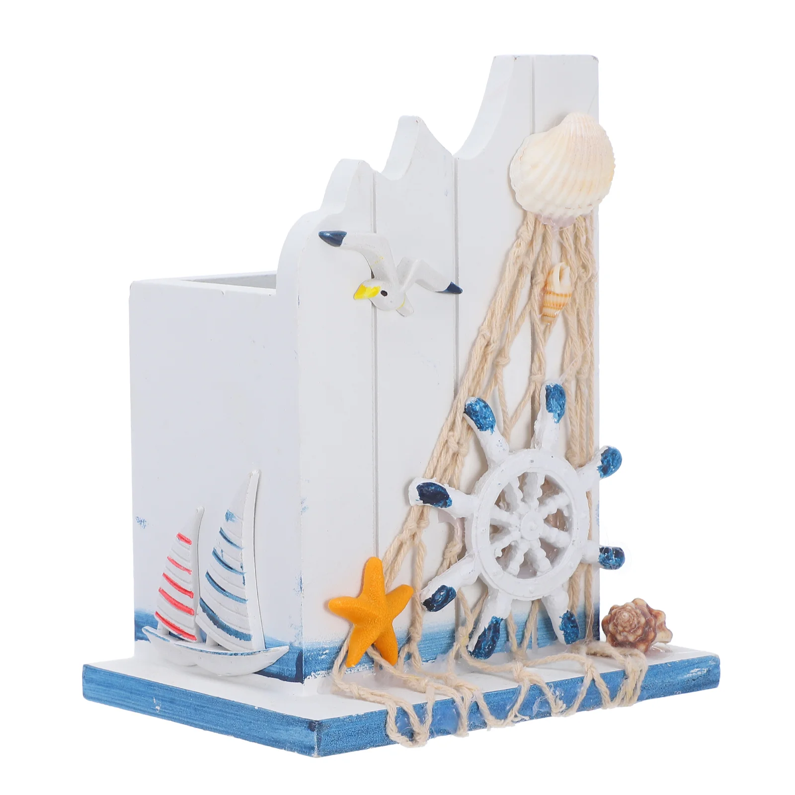 Creative Mediterranean Style Desktop Pen Pencil Holder Wooden Desk Organizer Stationery Organizer for Home Decoration Desktop Of