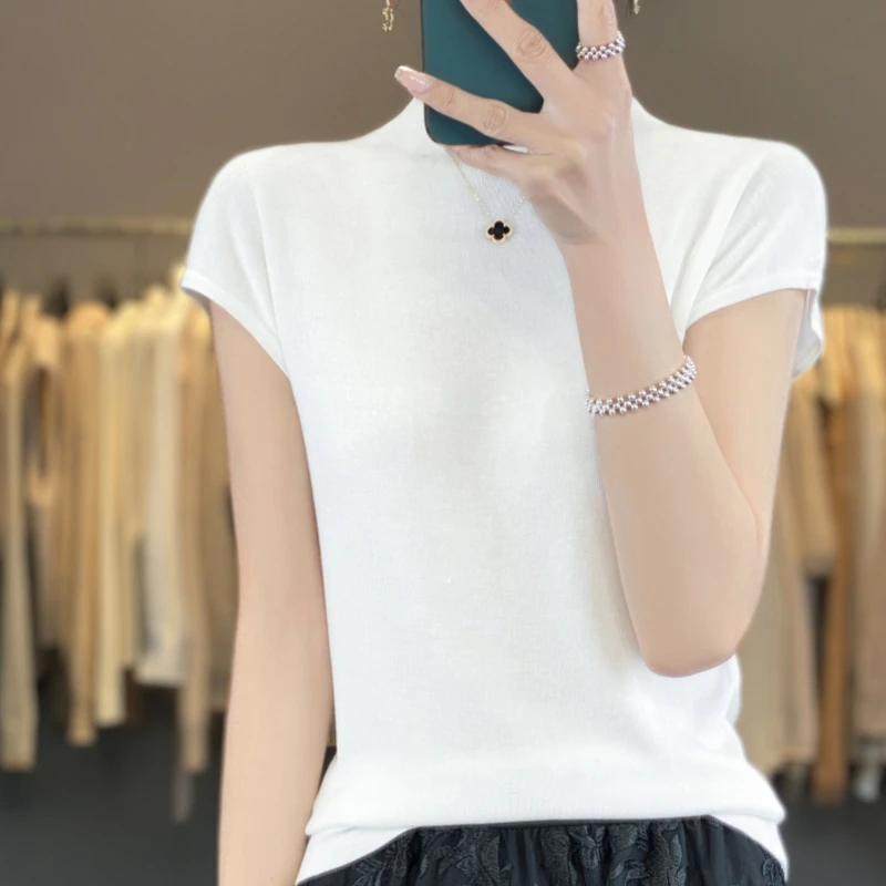 Women Summer Pure Silk T-shirt Sweater Half-high Collar Sleeveless Knit Pullover Spicy Girl Outfit Tees Slim Bottoming Wear Tops