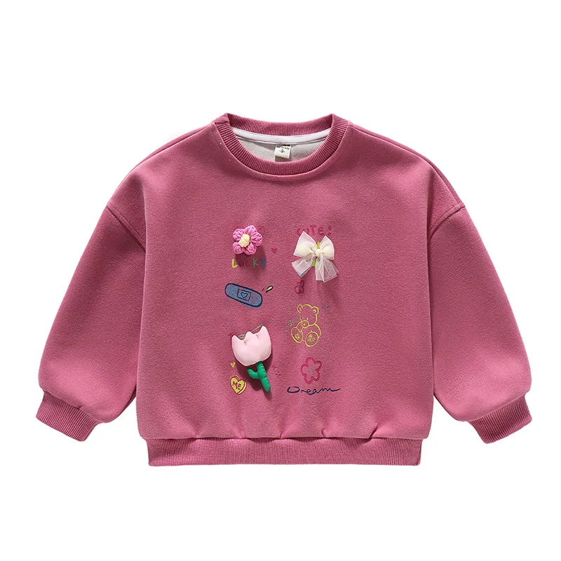 الفتيات هوديي 2025 الربيع والخريف ثلاثي الأبعاد زهرة عصرية عارضة حلوة لطيف قاعدة قميص النمط الغربي