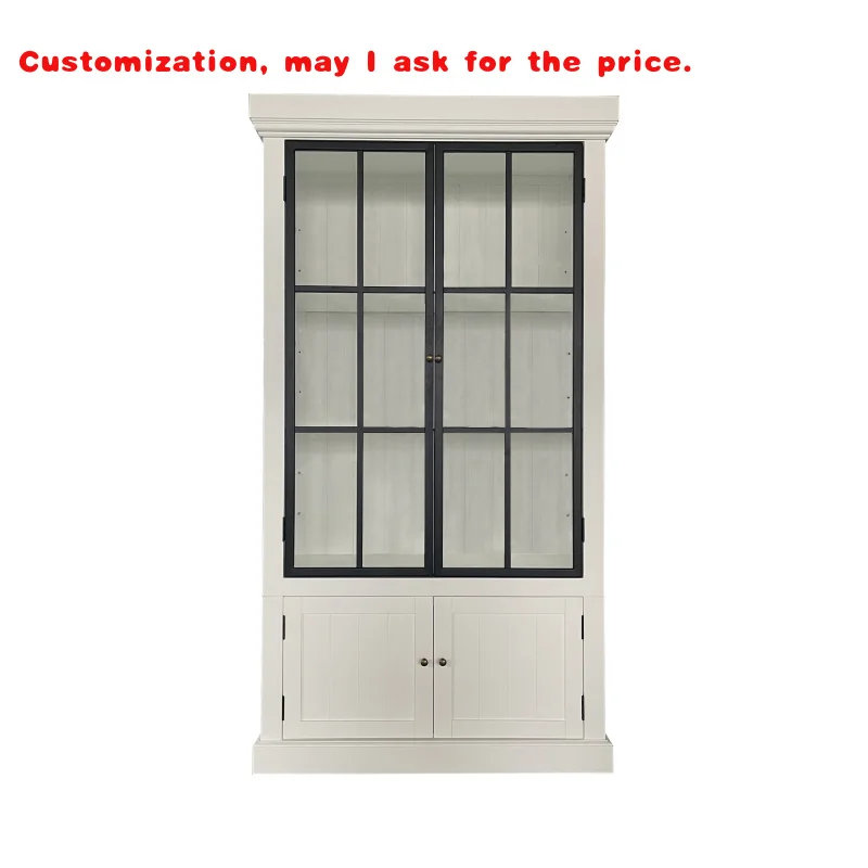 custom.SG0299 French Style Iron Door Solid Wooden Display Cabinet With Glass Door White Display Cabinets Kitchen