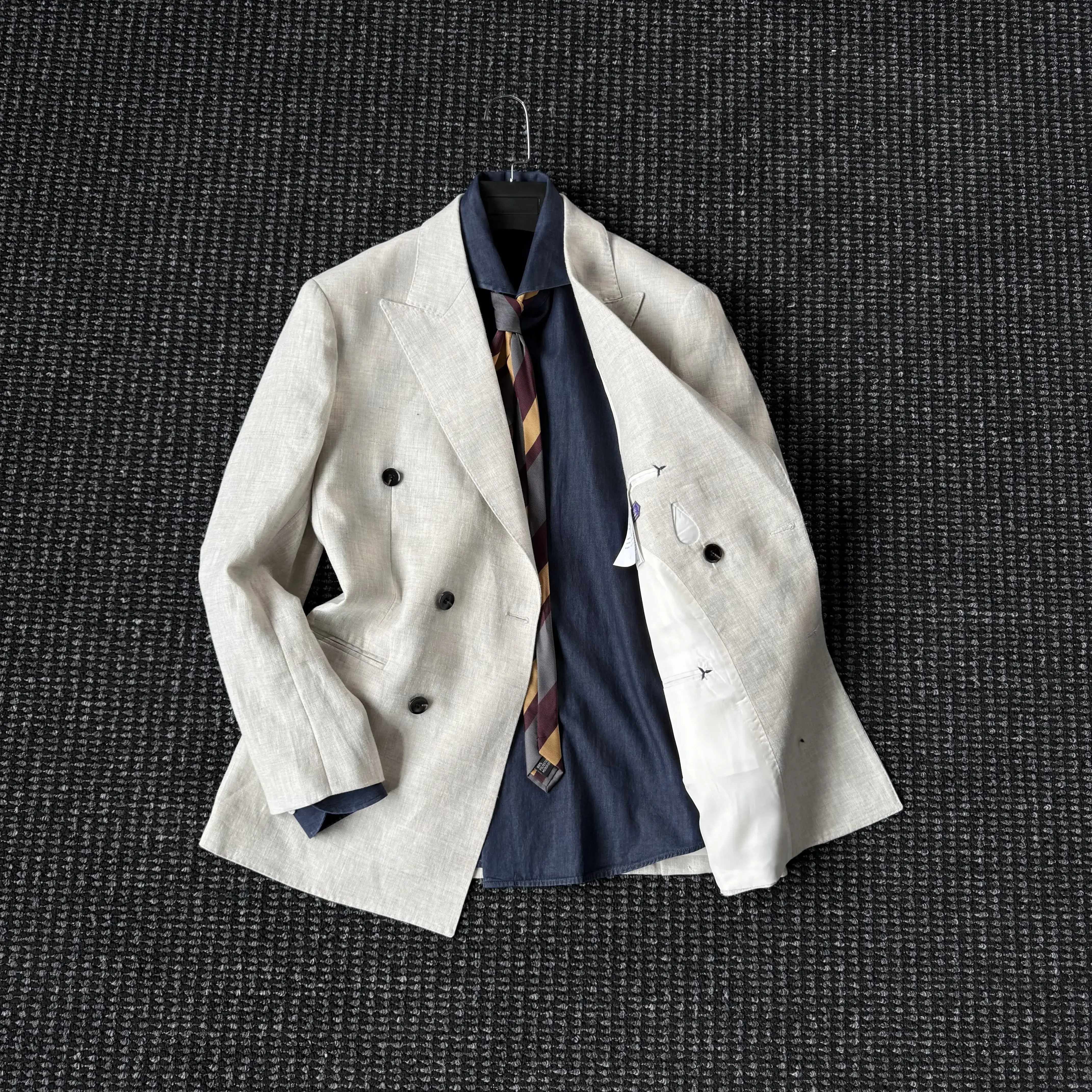 Design aesthetic unstructured semi-lined linen suit men's high luxury double-breasted blazer