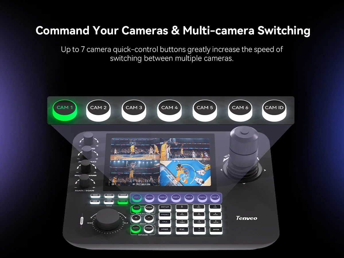 PTZ Keyboard Controller 4D With 7'' LCD Screen Support Quad-Screen Real-time Preview POE NDI Joystick Controller RS232 RS485 LAN