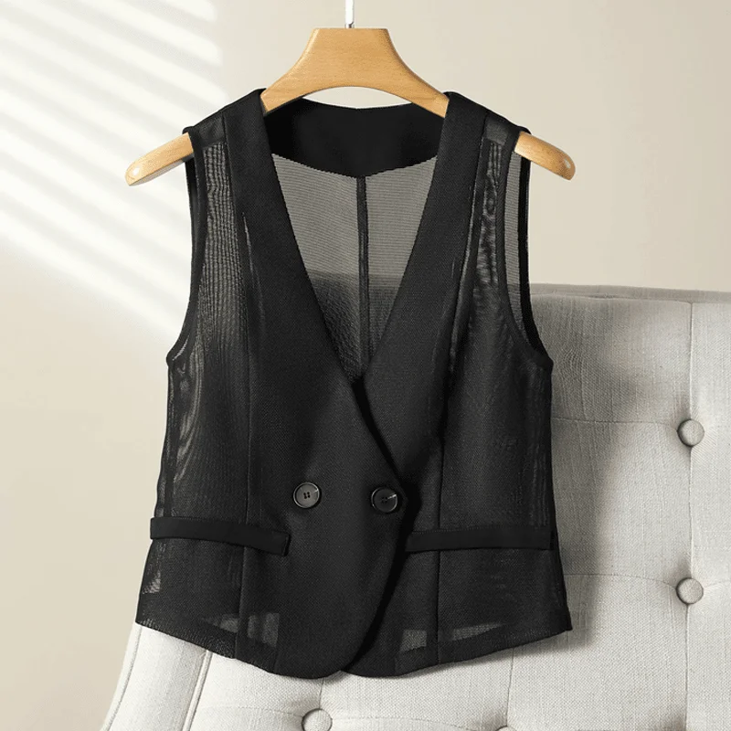 Summer Thin Sheer Short Sleeveless Jacket For Women See Through Black Mesh Waistcoat Elegant Lady Hollow Out Cover Up Suit Vest