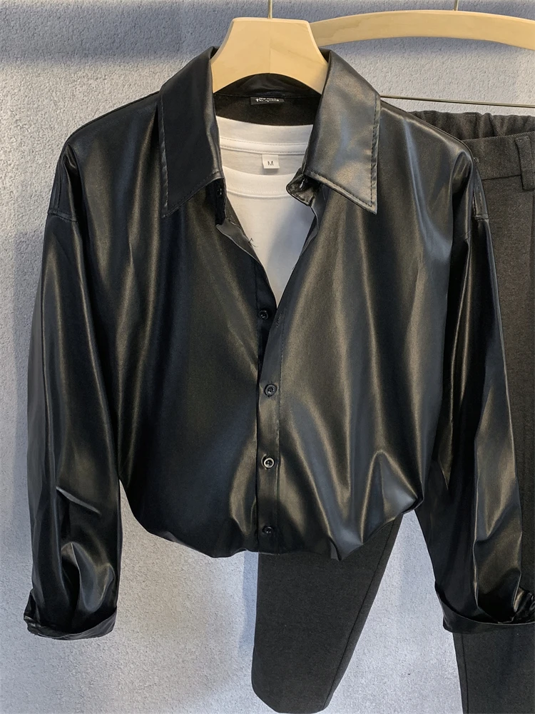 Black American Retro Lapel Leather Jacket Men's Casual Loose Shirt High-End Feeling Cool Handsome Outerwear