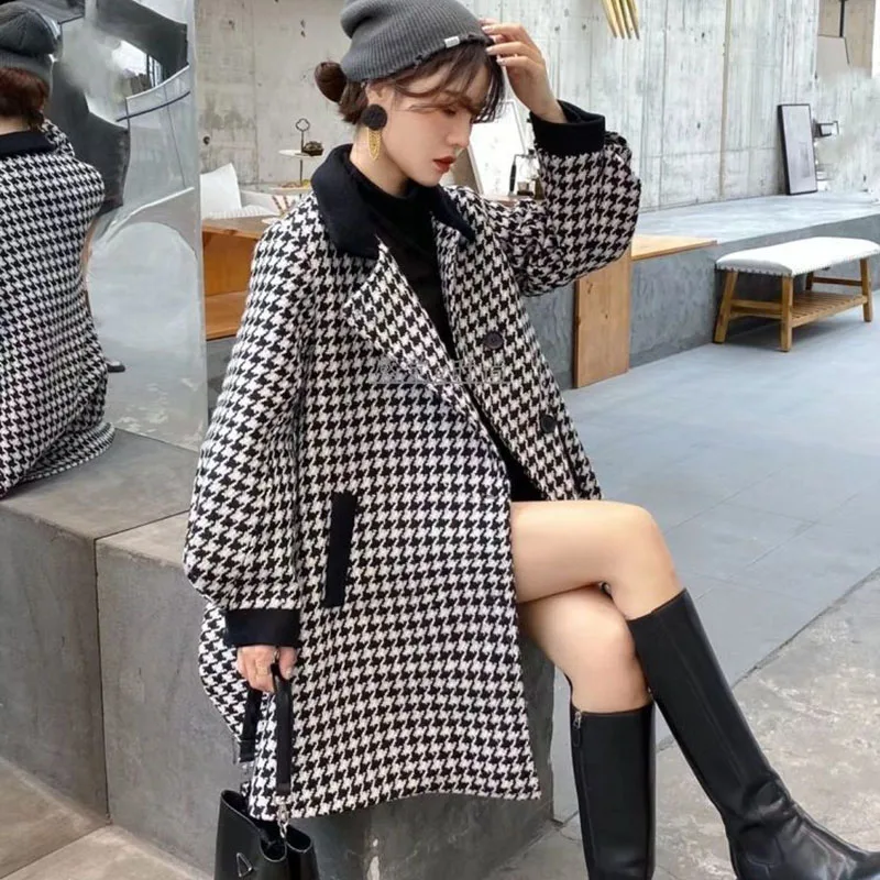 

Gidyq Women Houndstooth Faux Wool Jacket Korean Fashion Patchwork Midi Overcoat Winter Female Elegant Thick Warm Blend Outwear