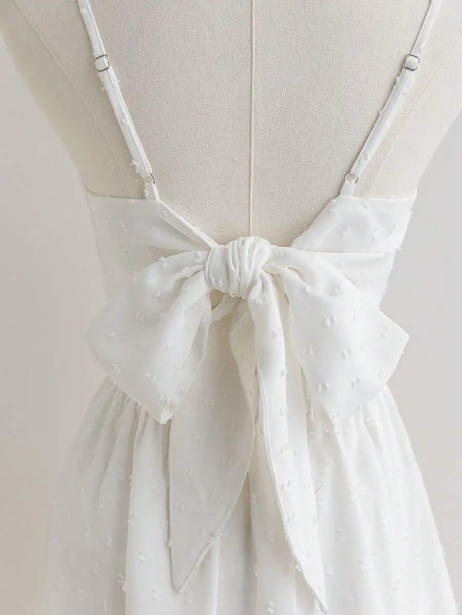 

Womens White Camisole Mini Dress With Bowknot Back Straps Twist Front Summer Casual