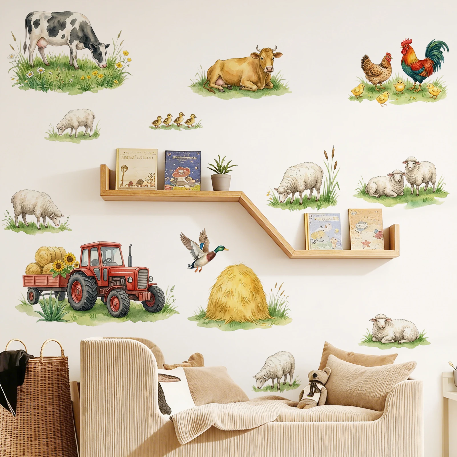 Farmyard Animal Wall Sticker, Watercolor Cows, Sheep, Chickens & Red Tractor Vinyl Wall Decal for Home Decor
