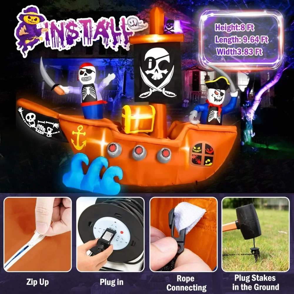 10Ft Long Halloween Inflatable Pirate Ship with Pirate Skeleton,Creepy Halloween Inflatables Haunted Pirate Ship,Blow-up Lighted