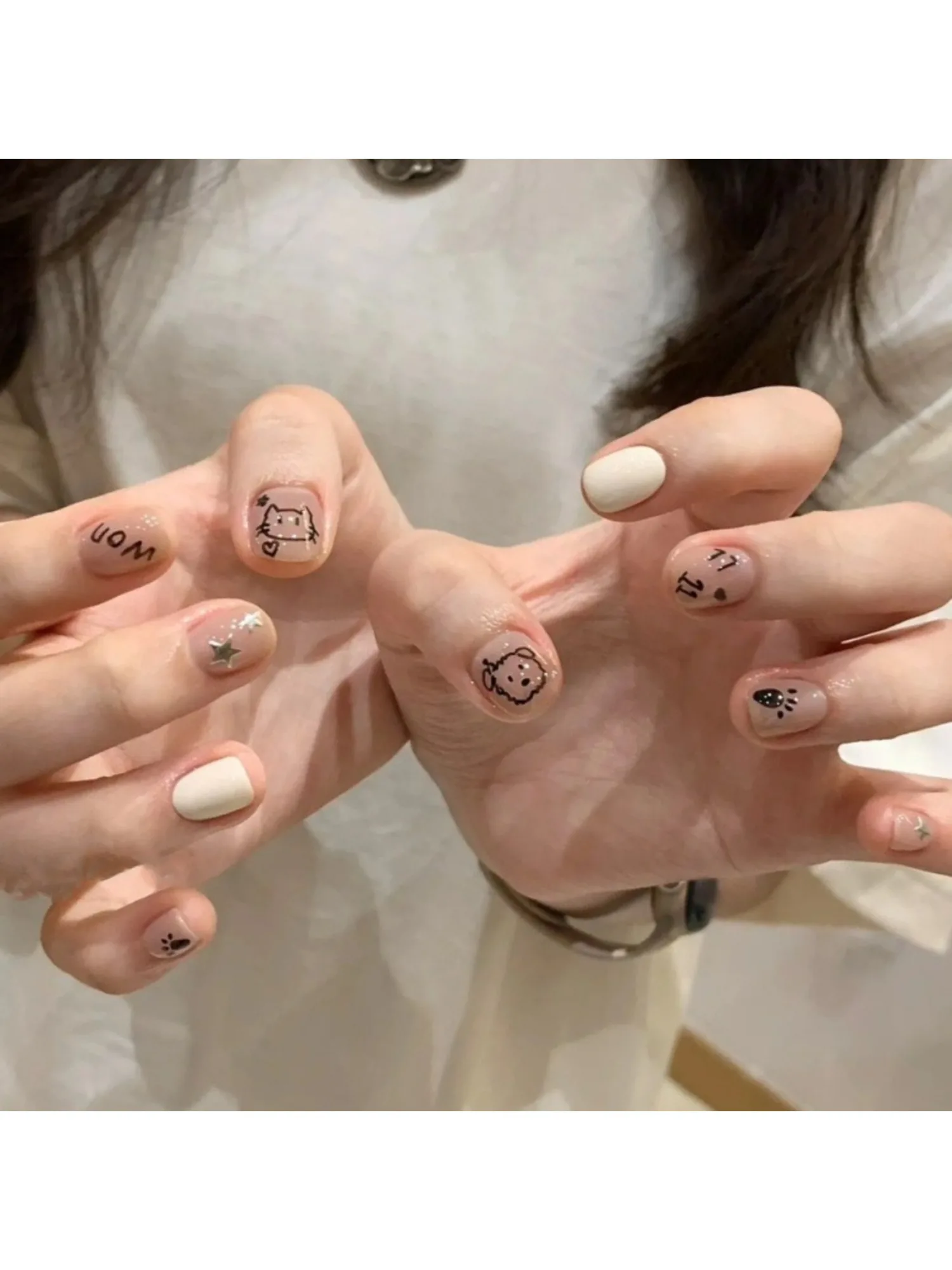 10pcs Cute Cat Dog Graffiti Hand Made Draw Short Cat Eye Fake Nails heart Decoration Reusable False Nails Kawaii Tips
