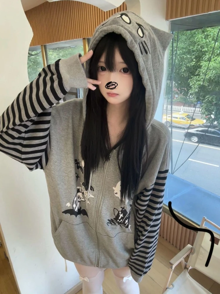 HOUZHOU Kawaii Gray Striped Juminocore Women Hoodies Y2k Japanese Harajuku Cartoon Print Zipper Hooded Sweatshirt Loose Sweet