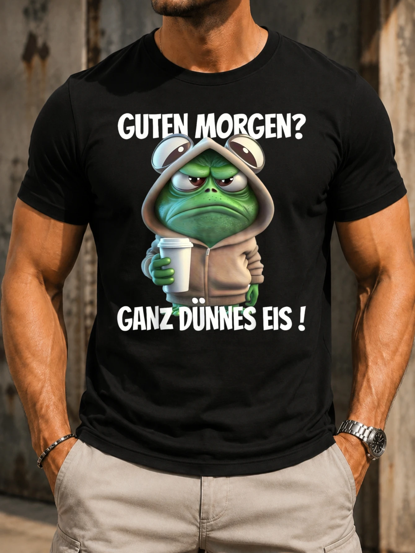 Good Morning Thin Ice warning with grumpy frog and takeaway coffee graphic with vivid centered  Unisex All T-Shirt