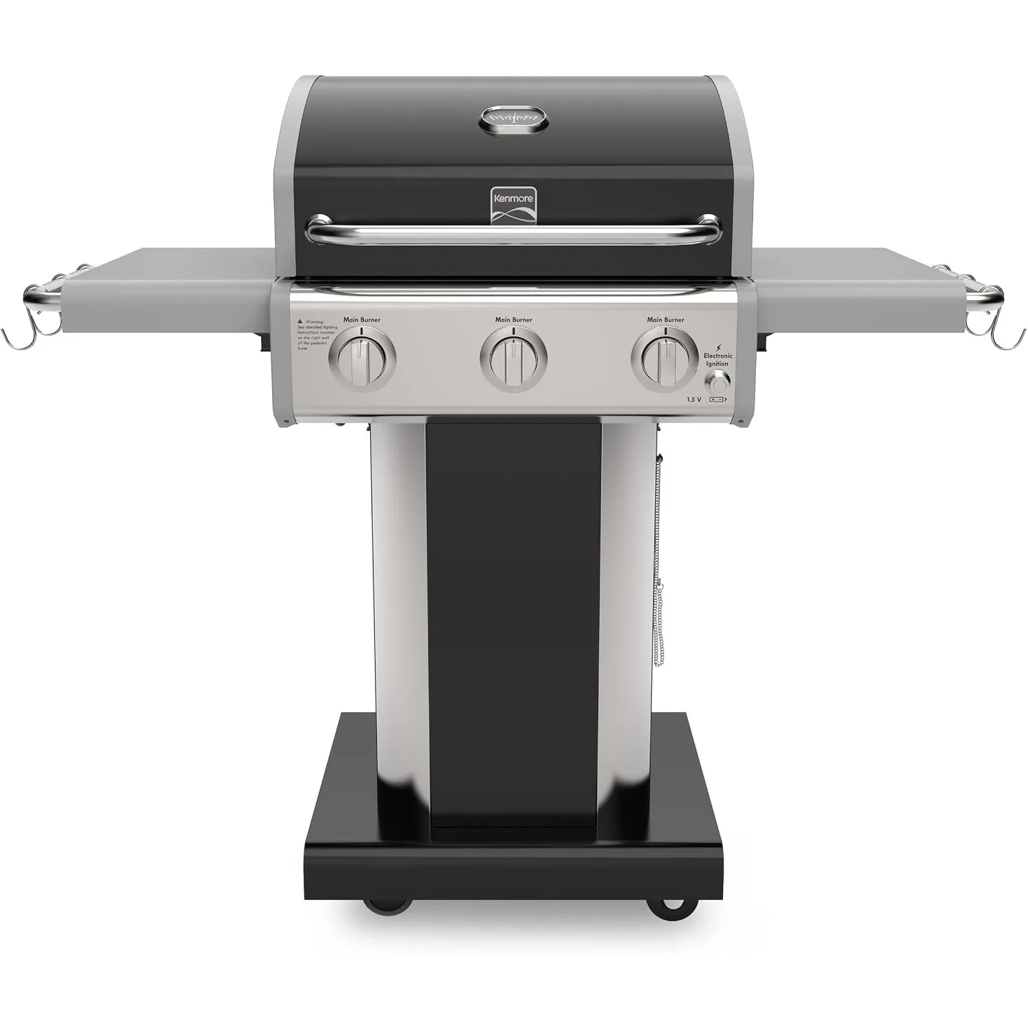 3-Burner Propane BBQ Grill, 30,000 BTUs Gas Grill with Cast Iron Cooking Grates, Folding Side Tables & Wheels, Outdoor Grill with Tool Hooks, Black