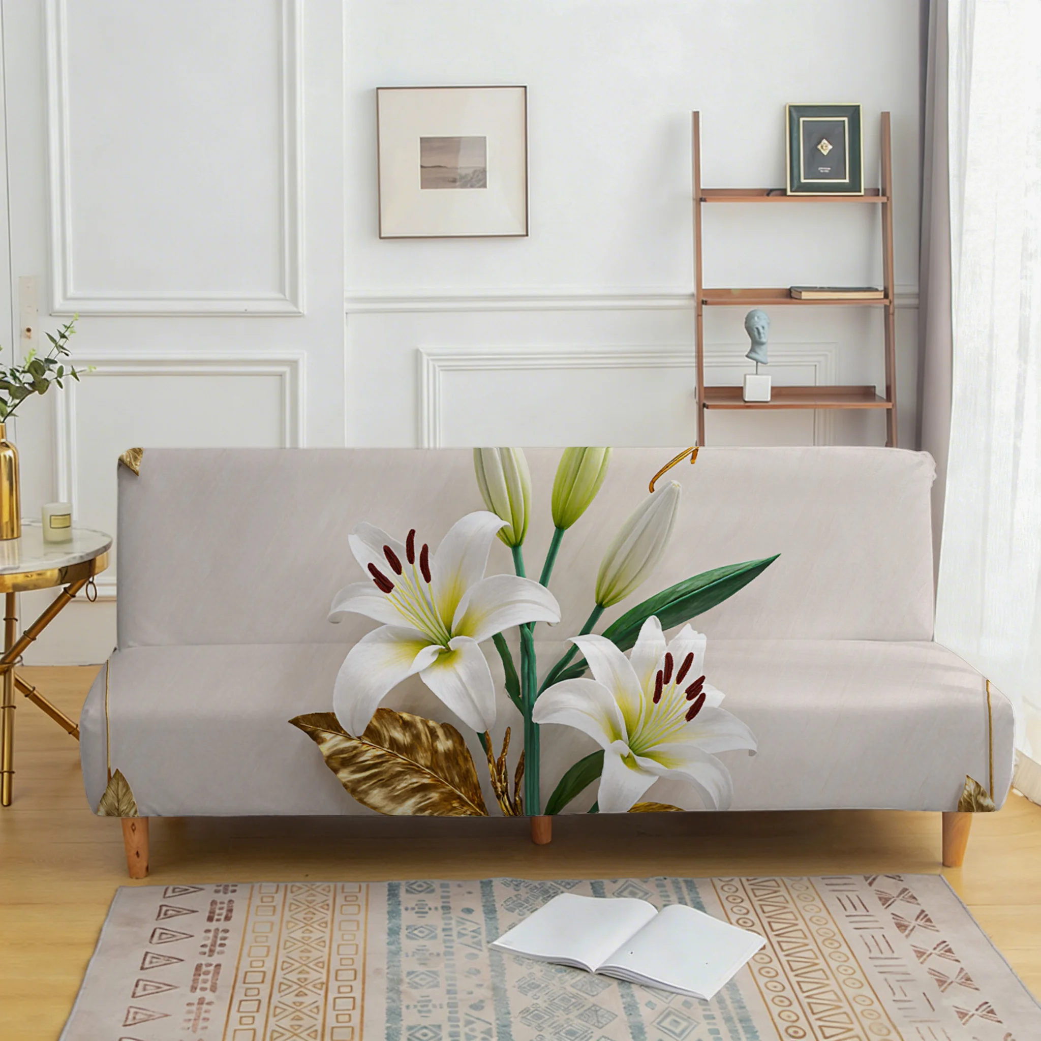 Light luxury gold leaf lily sofa bedspread, elastic sleeveless sofa cover, dust-proof and non-slip furniture protective cover