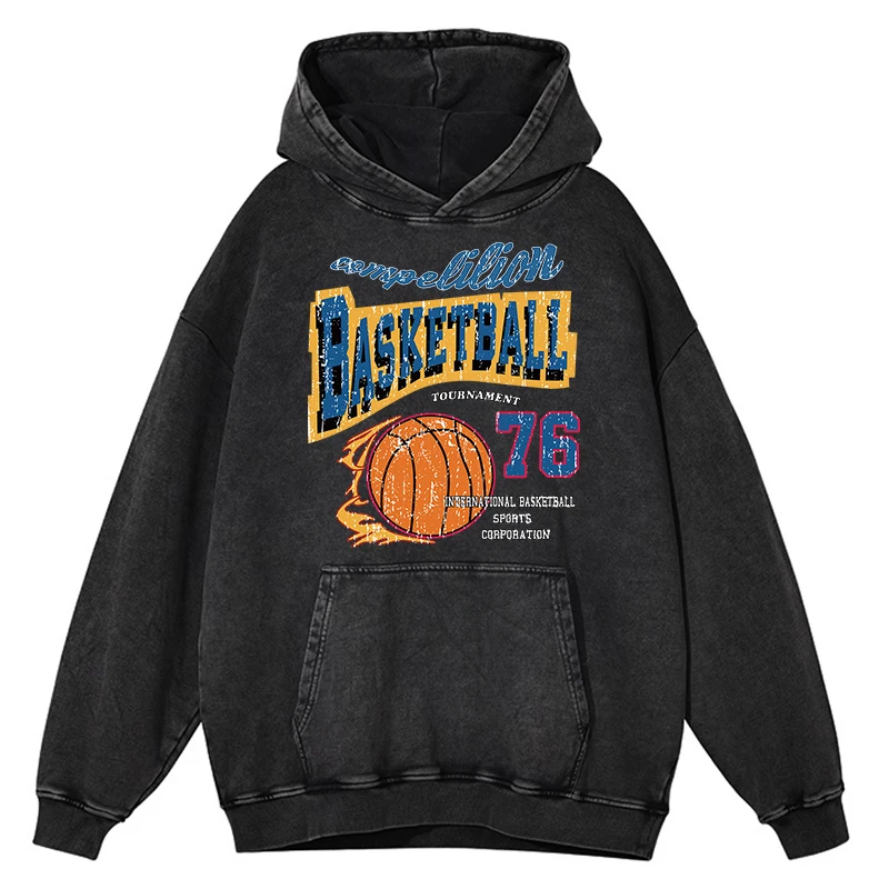 

Retro Distressed Wash Basketball Fire Sport Style 76 Hoodie Men Autumn Streetwear Clothing Loose Casual 100% Cotton Sweatshirt
