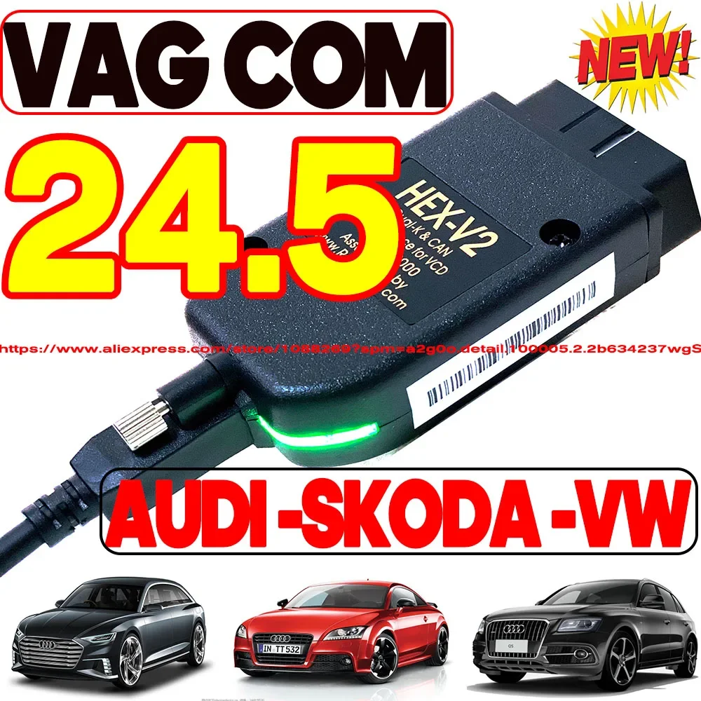 2024 OBDII Cable VCDS Interface VAG HEX V2 24.5 USB Interface FOR VW AUDI Skoda Seat ATMEGA162 Vag com VCDS Multilingual TOOL