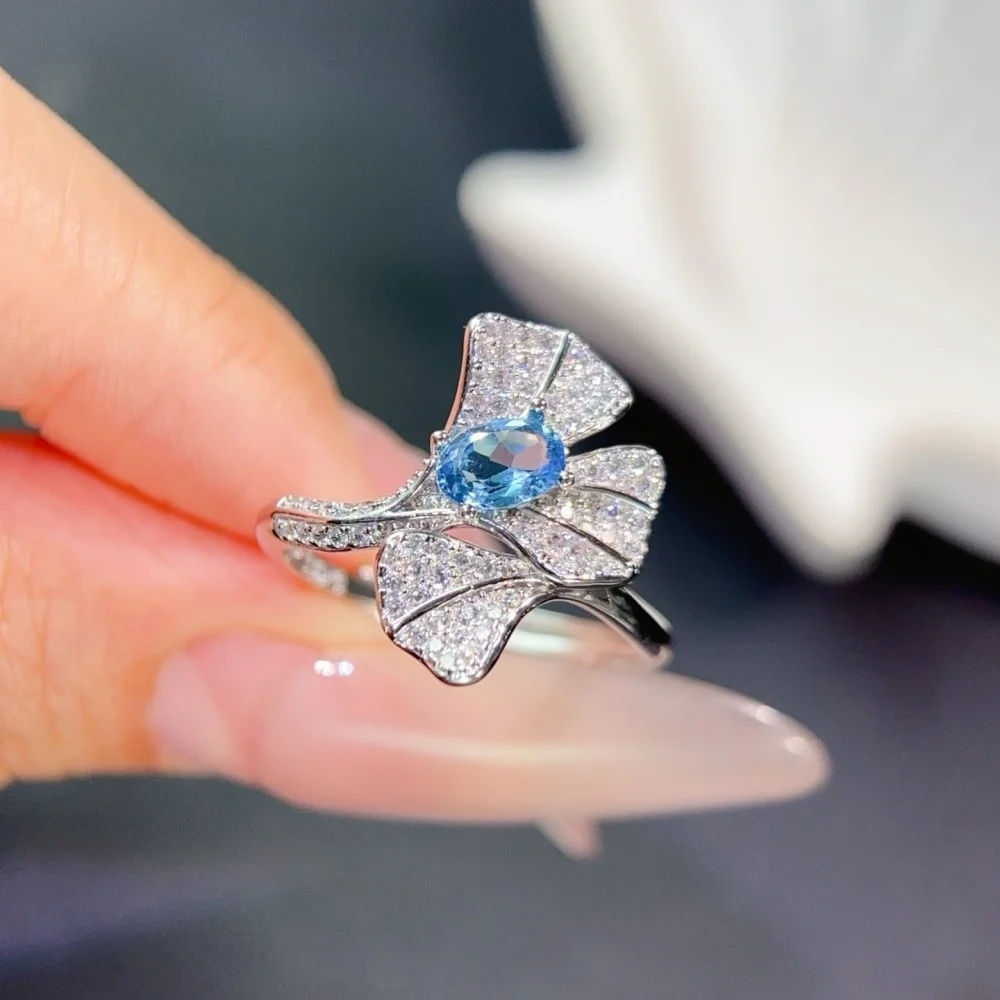 S925 4×6mm Sterling Silver Natural  London Blue Topaz Gemstone Ring Women Fashion Healing Jewelry Stylish Accessory Sweet Gift