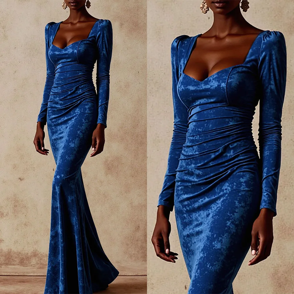 

High Quality Customized Blue U-neck, Hip-hugging Mermaid Skirt, Woman Vestidos Elegantes Para Mujer Para Una Boda