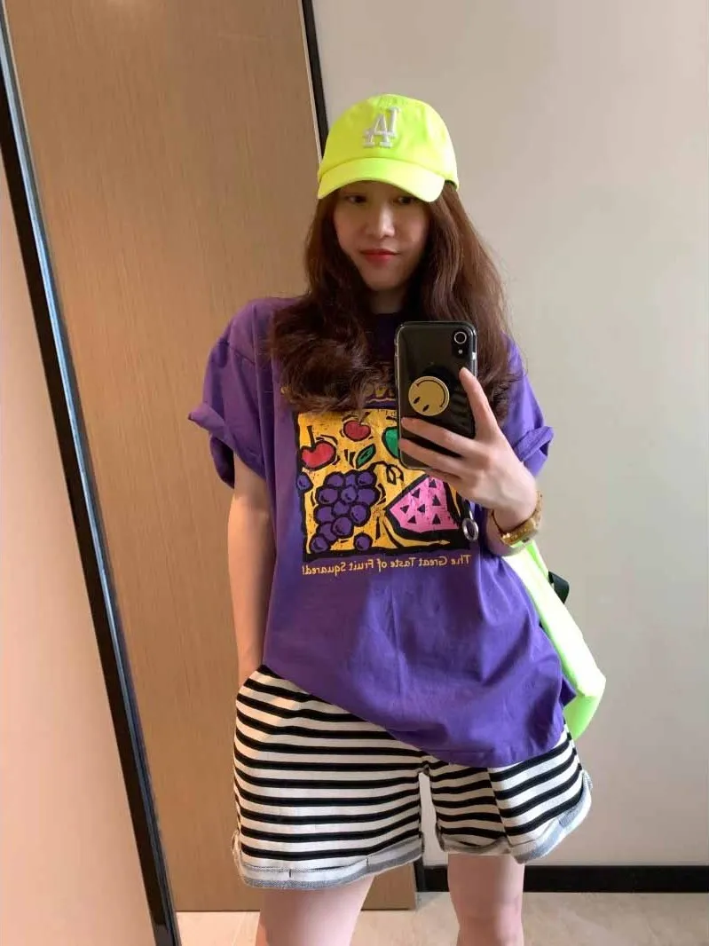 2025년 여름 플러스 사이즈 여성용 티셔츠 원숭이 프린트 루즈핏 한국 스타일 탑 100% 면 라운드 넥