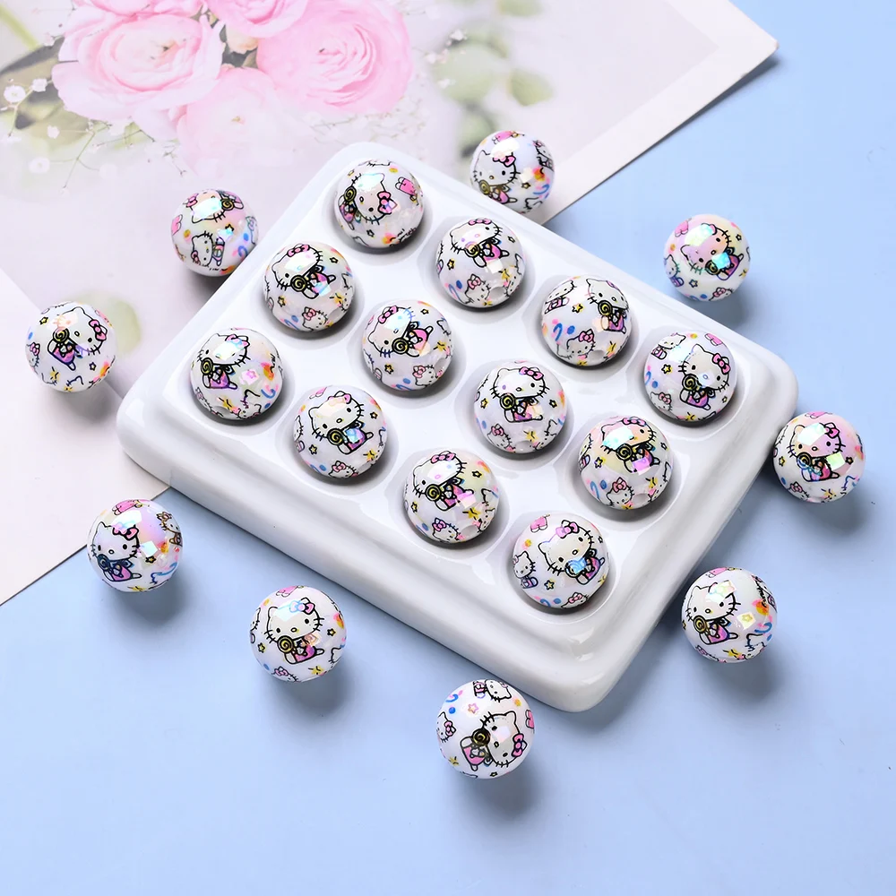 

10Pcs 16mm Sanrio Acrylic Round Beads Hello Kitty Printed Food Grade Bead For Baby Jewelry Pacifier Chain Making Necklace