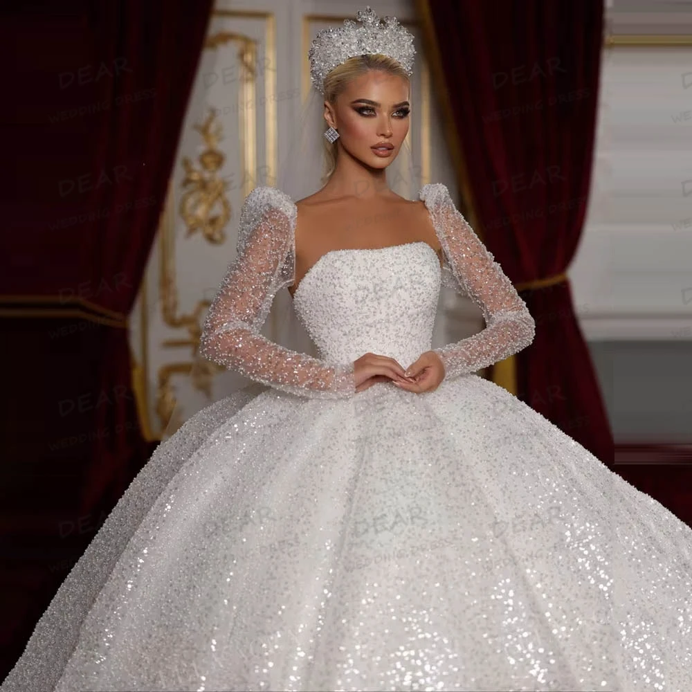 Exquisite Shiny Wedding Dresses Sexy Sequined A Line Women's Bridal Ball Gowns Long Sleeve Customized Vestidos De Novia Formal