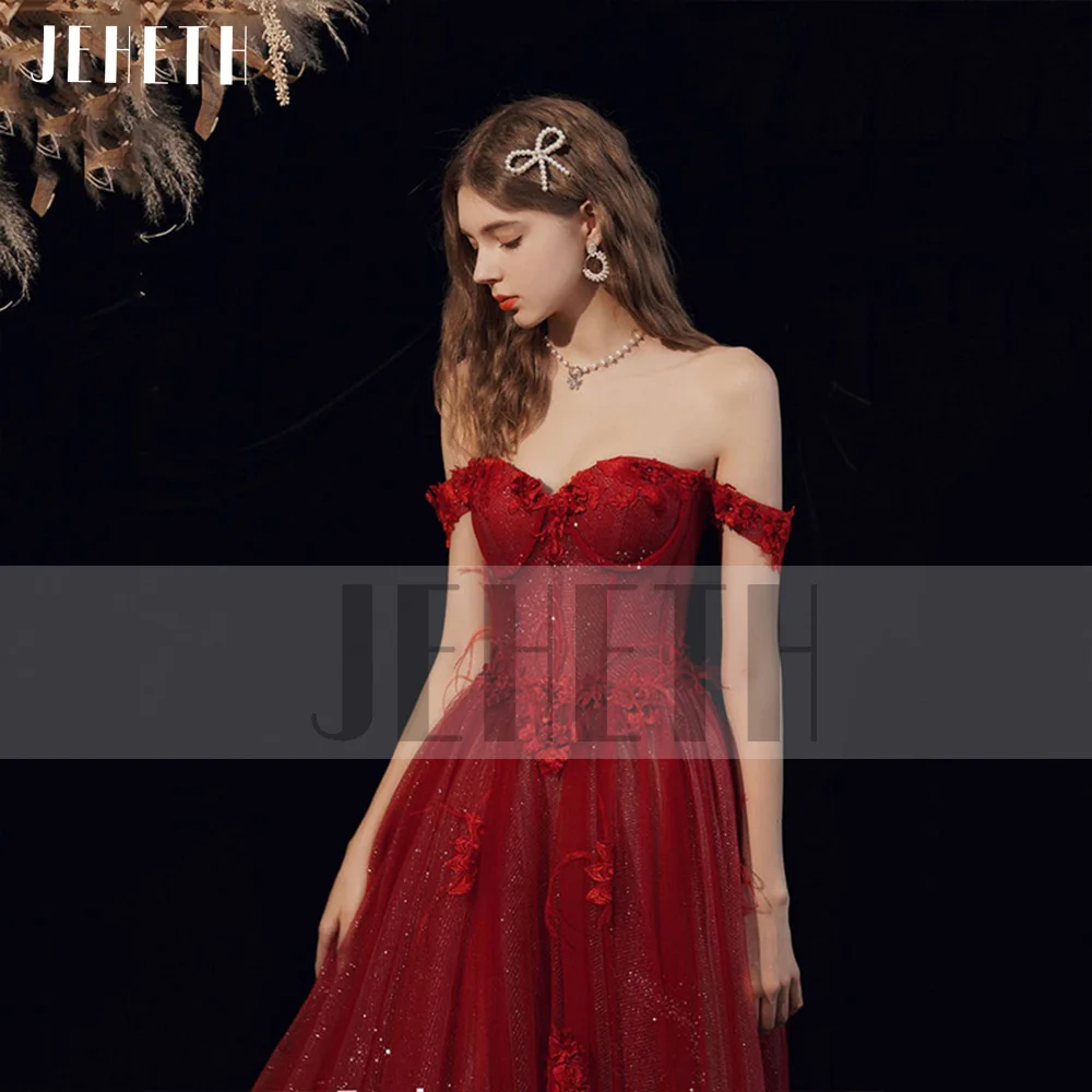 JEHETH vestido de fiesta de tul rojo con hombros descubiertos, brillante, flores con plumas, purpurina, escote Corazón, línea A, espalda abierta, vestido de noche Formal