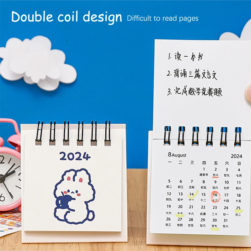 2024 Year Simple Ins Small Desk Calendar Student Desktop Cute Cartoon Dog Rabbit Mini Note Memo Calendar Study Office Calendar