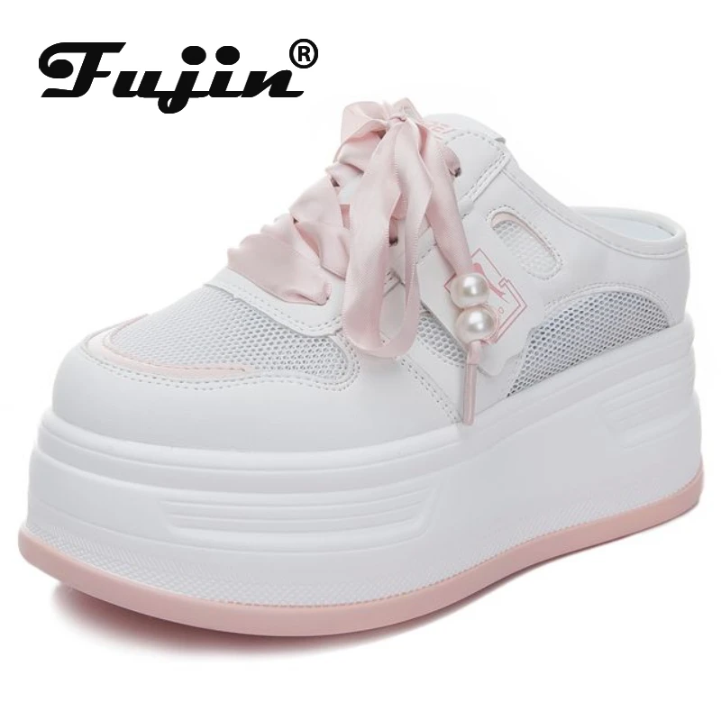 

Fujin 9cm Air Mesh Genuine Leather Women Casual Platform Wedge Chunky Sneakers Fashion White Hidden Heel Summer Shoes Slipper